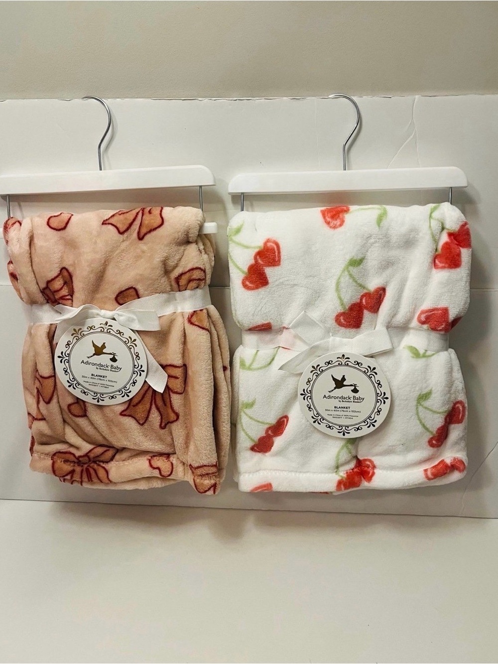 Adirondack Baby by Berkshire Blankets Lot of 2 White Pink Hearts Cherries Bows